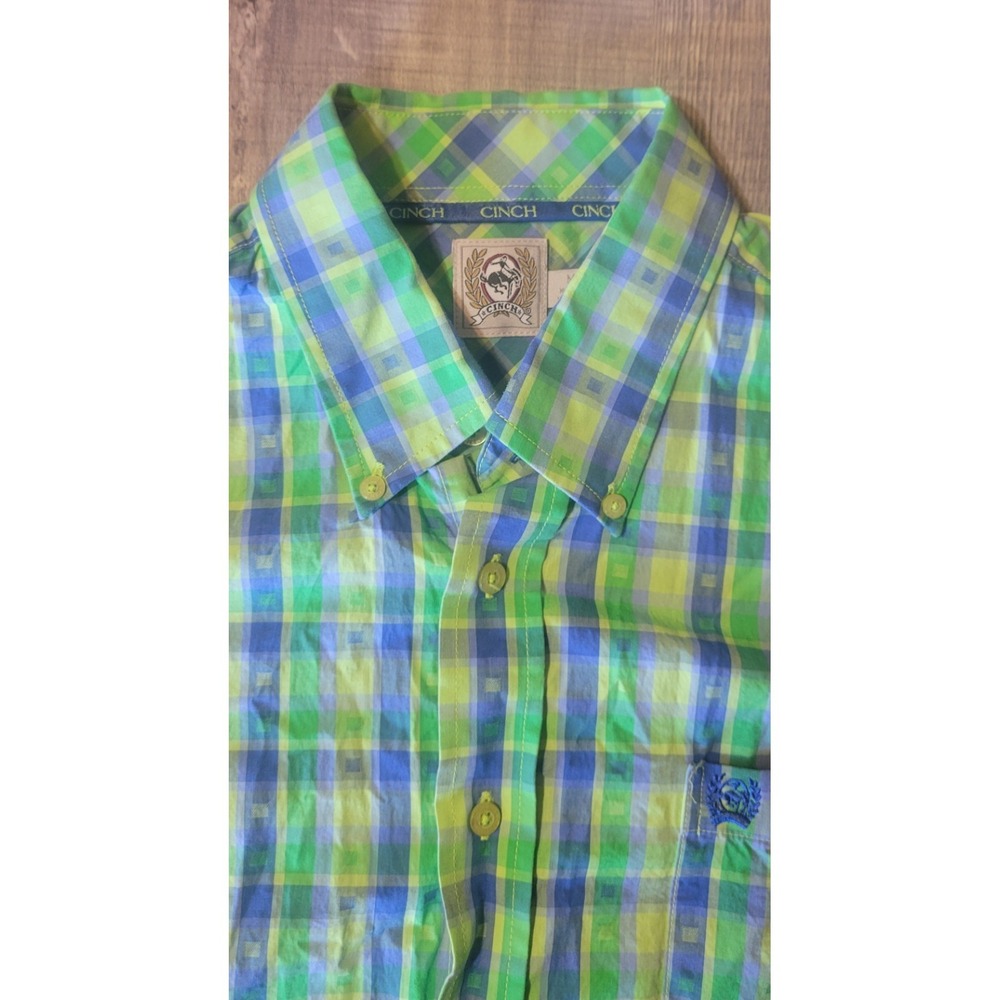 Cinch Men's Medium Green Plaid Western Long Sleeve Button Down Shirt EUC